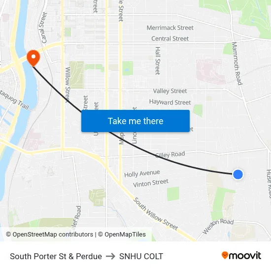 South Porter St & Perdue to SNHU COLT map