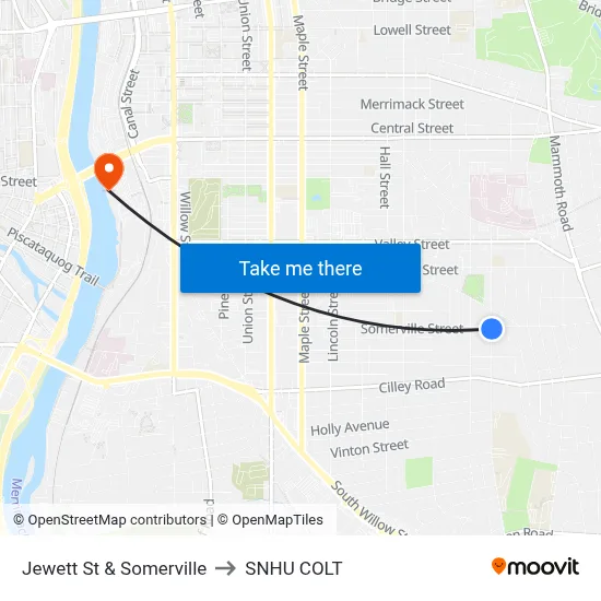 Jewett St & Somerville to SNHU COLT map
