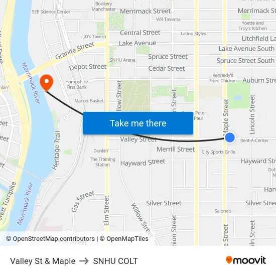 Valley St & Maple to SNHU COLT map