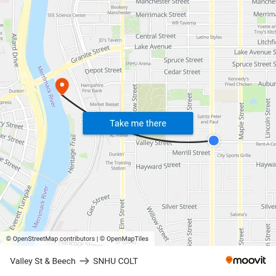 Valley St & Beech to SNHU COLT map