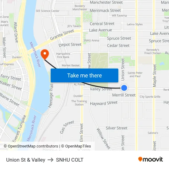 Union St & Valley to SNHU COLT map