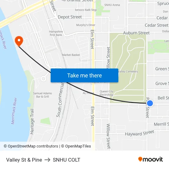 Valley St & Pine to SNHU COLT map