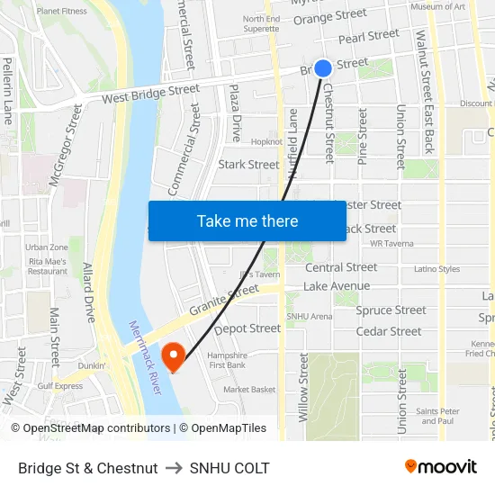 Bridge St & Chestnut to SNHU COLT map
