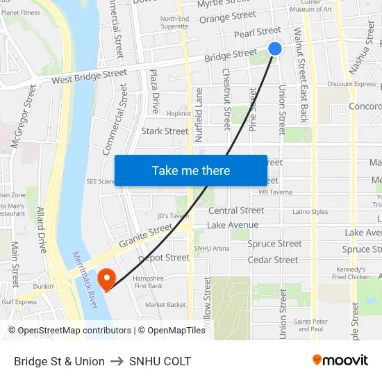Bridge St & Union to SNHU COLT map