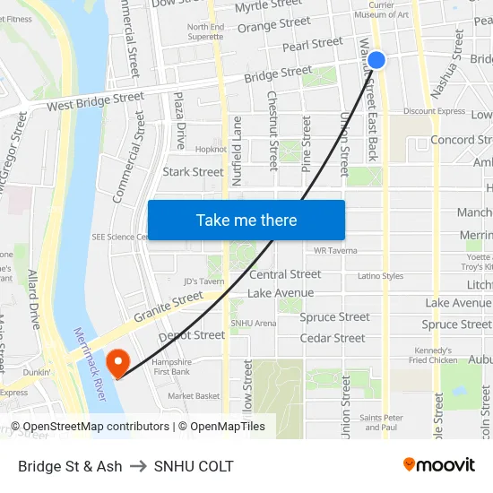 Bridge St & Ash to SNHU COLT map