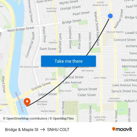 Bridge & Maple St to SNHU COLT map