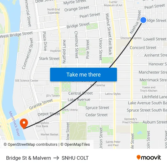 Bridge St & Malvern to SNHU COLT map
