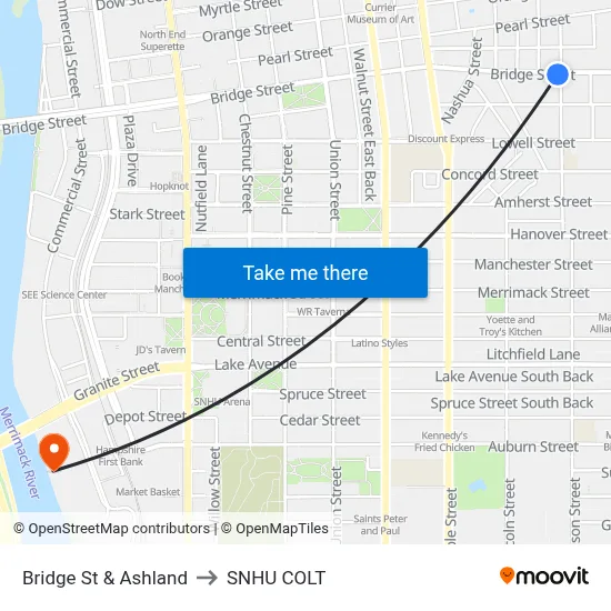 Bridge St & Ashland to SNHU COLT map