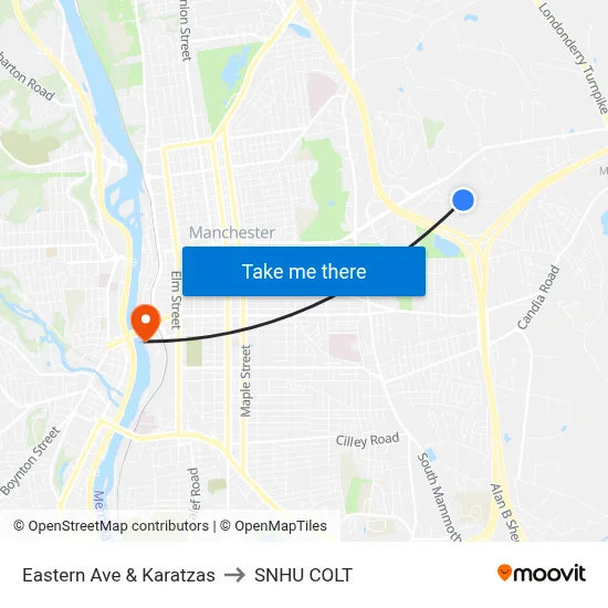 Eastern Ave & Karatzas to SNHU COLT map