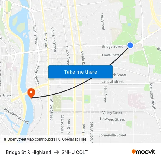 Bridge St & Highland to SNHU COLT map