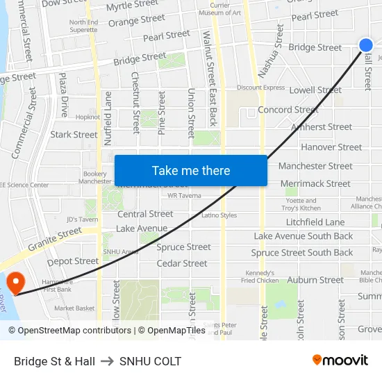Bridge St & Hall to SNHU COLT map