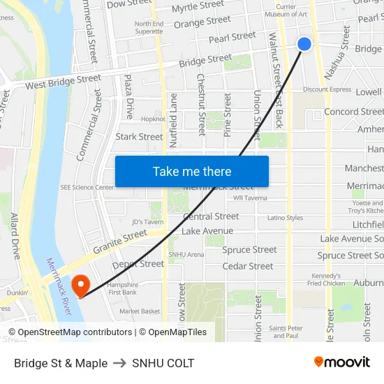 Bridge St & Maple to SNHU COLT map