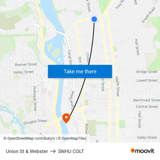 Union St & Webster to SNHU COLT map