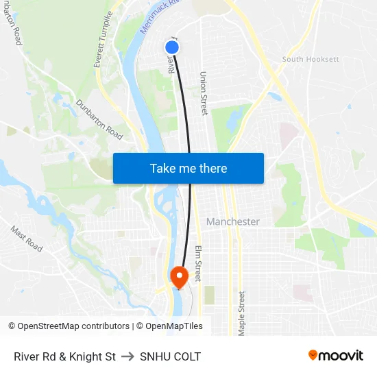 River Rd & Knight St to SNHU COLT map