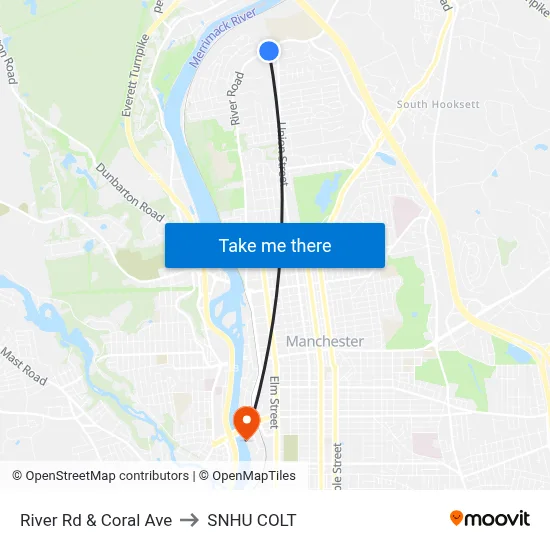 River Rd & Coral Ave to SNHU COLT map