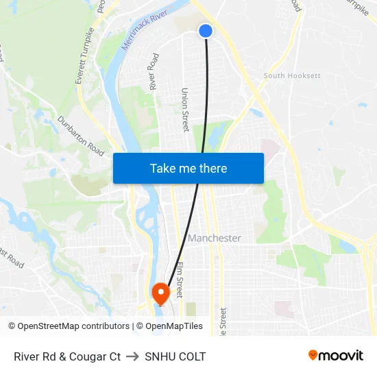 River Rd & Cougar Ct to SNHU COLT map