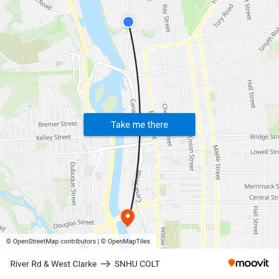 River Rd & West Clarke to SNHU COLT map
