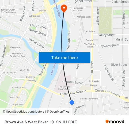 Brown Ave & West Baker to SNHU COLT map