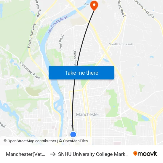 Manchester(Veterans Memorial Park) to SNHU University College Marketing and Communications Division map