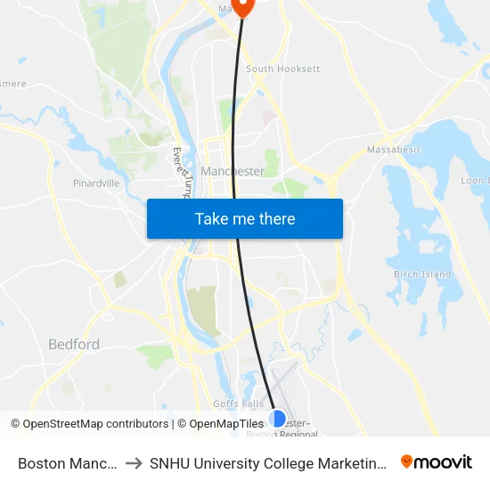 Boston Manchester Airport to SNHU University College Marketing and Communications Division map