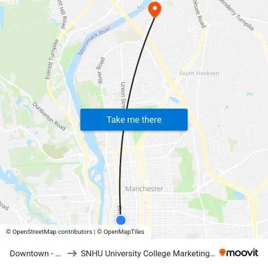 Downtown - Veterans Park to SNHU University College Marketing and Communications Division map