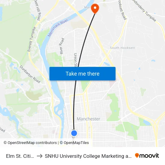 Elm St. Citizens Bank to SNHU University College Marketing and Communications Division map