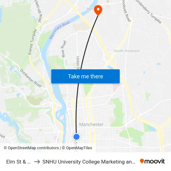 Elm St & Amherst to SNHU University College Marketing and Communications Division map