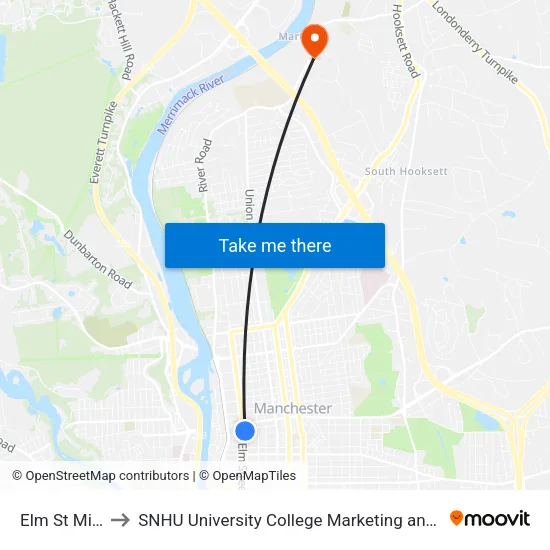 Elm St  Mint Bistro to SNHU University College Marketing and Communications Division map