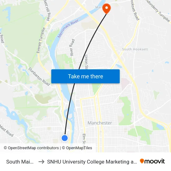 South Main & Putnam to SNHU University College Marketing and Communications Division map