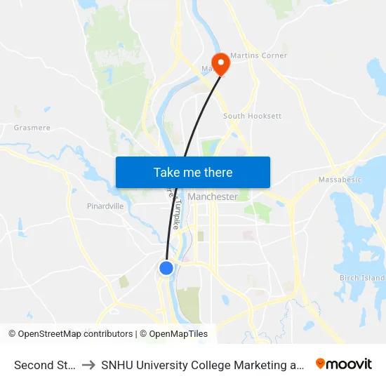 Second St & Harvell to SNHU University College Marketing and Communications Division map