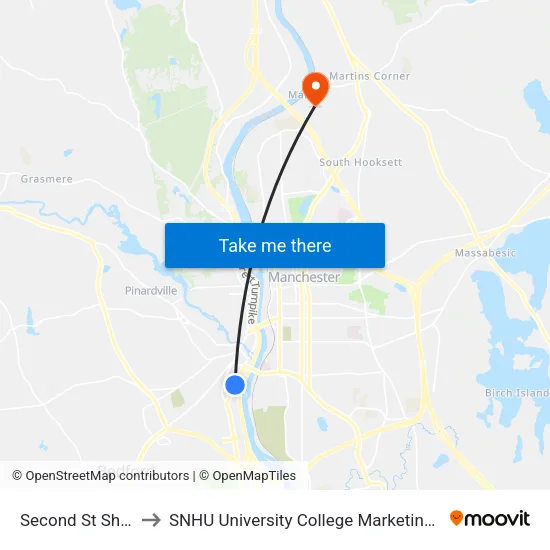 Second St Shopping Center to SNHU University College Marketing and Communications Division map