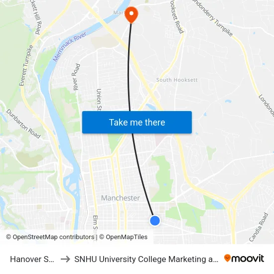 Hanover St & Beacon to SNHU University College Marketing and Communications Division map