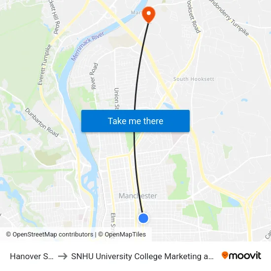 Hanover St & Maple to SNHU University College Marketing and Communications Division map