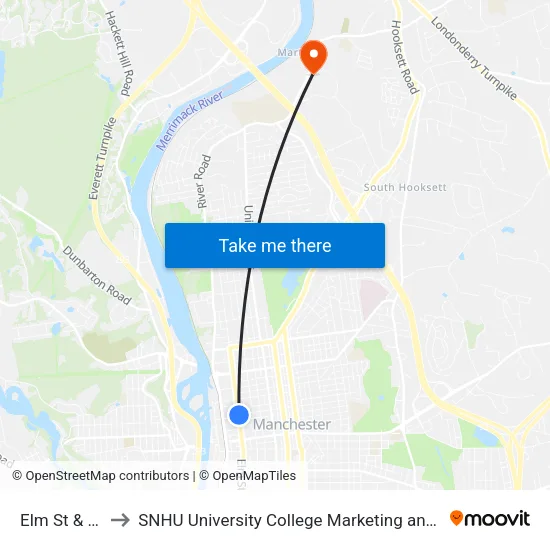 Elm St & Prospect to SNHU University College Marketing and Communications Division map