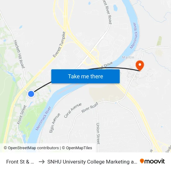 Front St & Hackett Hill to SNHU University College Marketing and Communications Division map