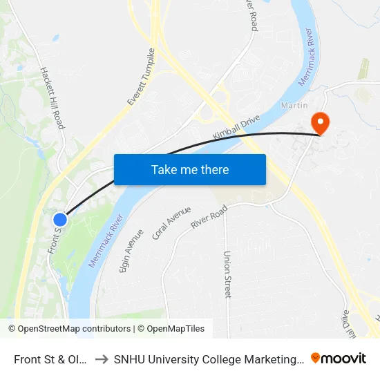 Front St & Old Hackett Hill to SNHU University College Marketing and Communications Division map