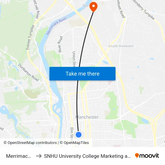 Merrimack St & Pine to SNHU University College Marketing and Communications Division map