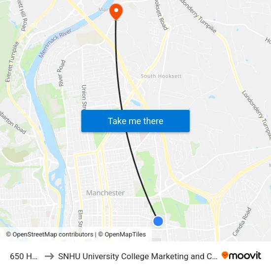 650 Hanover to SNHU University College Marketing and Communications Division map