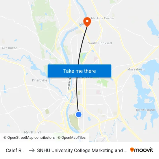 Calef Rd & Flint to SNHU University College Marketing and Communications Division map