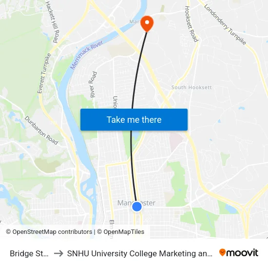 Bridge St & Maple to SNHU University College Marketing and Communications Division map