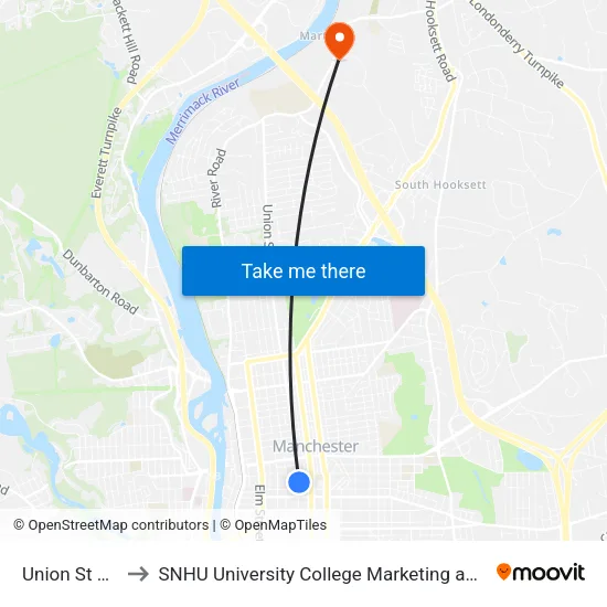 Union St & Concord to SNHU University College Marketing and Communications Division map