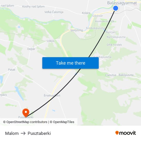 Malom to Pusztaberki map