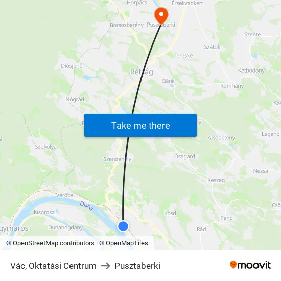 Vác, Oktatási Centrum to Pusztaberki map