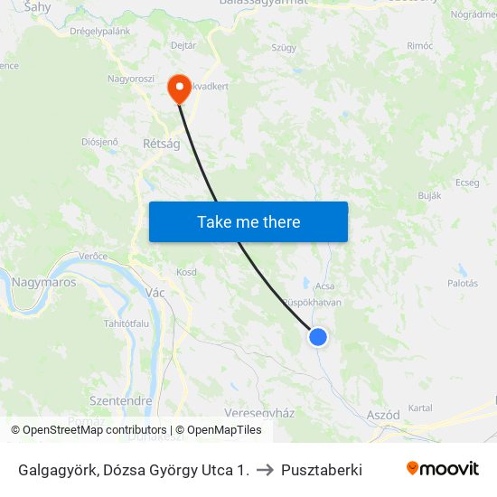 Galgagyörk, Dózsa György Utca 1. to Pusztaberki map