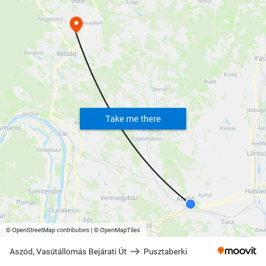 Aszód, Vasútállomás Bejárati Út to Pusztaberki map