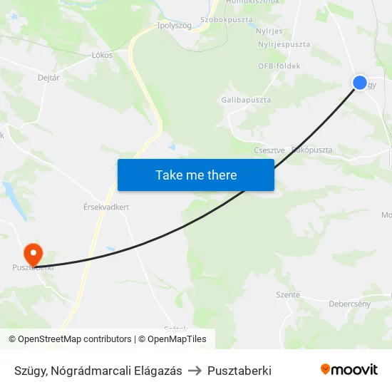 Szügy, Nógrádmarcali Elágazás to Pusztaberki map