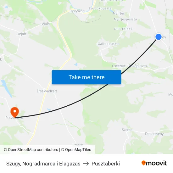 Szügy, Nógrádmarcali Elágazás to Pusztaberki map