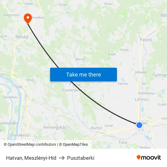 Hatvan, Meszlényi-Híd to Pusztaberki map