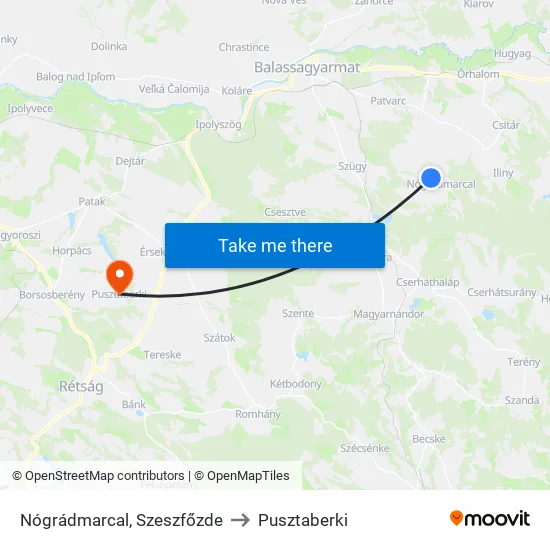 Nógrádmarcal, Szeszfőzde to Pusztaberki map