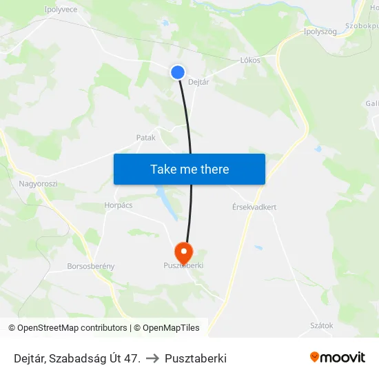Dejtár, Szabadság Út 47. to Pusztaberki map